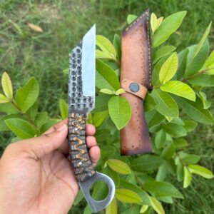 Handcrafted Custom Fixed Blade Knife with Textured Handle & Leather Sheath