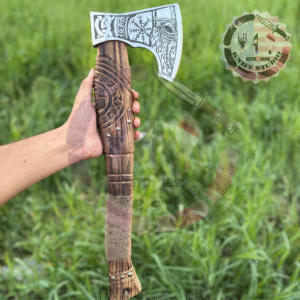 Handcrafted Viking-Inspired Axe with Engraved Steel Head & Carved Wooden Handle