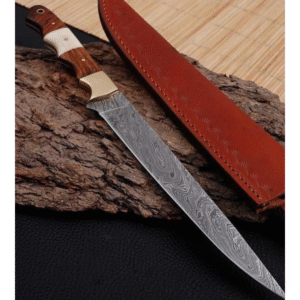 Handmade Damascus Fillet Knife – 8” Powder-Coated Blade | 5” Bone & Wood Handle | Custom Fishing & Utility Knife
