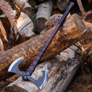 Hand Forged Double Head Viking Axe Handmade Carbon Steel Camping Hatchet With Leather Sheath