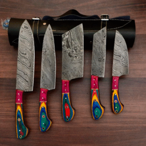 Handmade Damascus chef Knife Set of 5 PCS With Leather Sheath