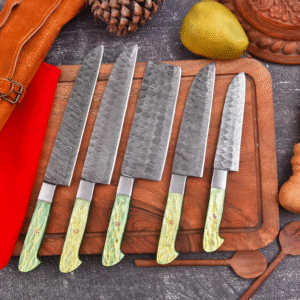 Custom Engraved Damascus Steel Chef Knife Set with Handmade Leather Roll