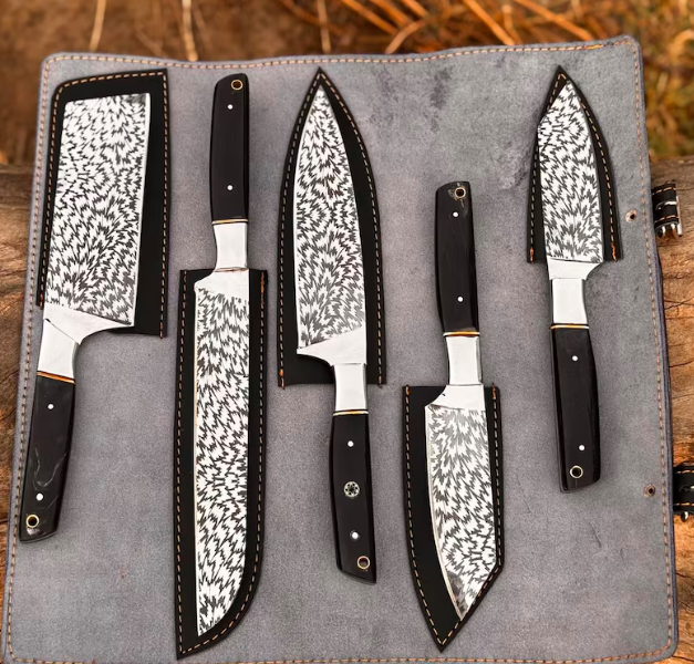 Hand Forged D2 Steel Chef Knife Set: 5-Piece Etched Blade - Image 2