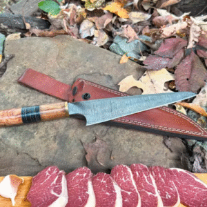 Personalized Damascus Chef Knife: Engraved Kitchen Knife, Leather Sheath