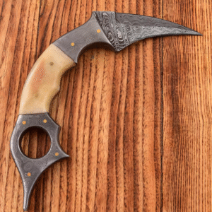 Handmade Damascus Steel Karambit: Bone Handle, Leather Cover