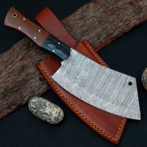 Handmade Damascus Butcher Knife: Forged Cleaver with Leather Sheath