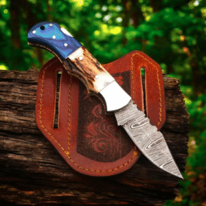 Handmade Damascus Pocket Folding Knife With Stag Horn Handle, Wedding Anniversary Gift Gift For him