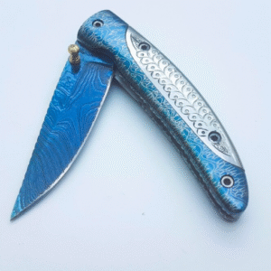 Handmade Folding Knife | Blue Titanium Damascus Blade | Hand-Carved Silver Handle |Box & Leather Sheath