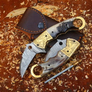Damascus Steel Karambit Pocket Knife – Folding Knife with Ram Horn Handle, Handmade EDC Knife, Hunting, Camping, Survival or Birthday Gift