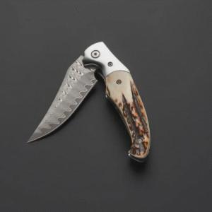 Handmade Damascus Folding Knife: Stag Horn Handle, Leather Sheath