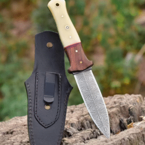 Handmade Damascus Steel Hunting Dagger – Double Edge Fixed Blade Knife – EDC Boot Knife with Clip & Leather Sheath – Ideal for Camping