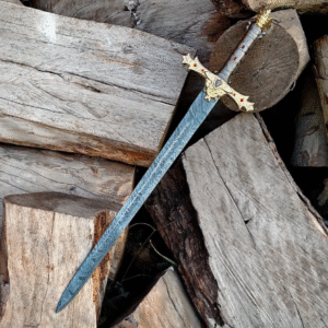 Handmade Damascus Steel Templar Knight Sword | Crown Sword Replica with Leather Sheath | Collectible Handmade Sword | Unique Gift for Him