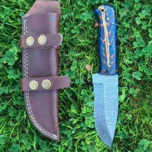 Fixed Blade Blue Skinning Knife: Full Tang Damascus Skinner Knife, Chefs Gift