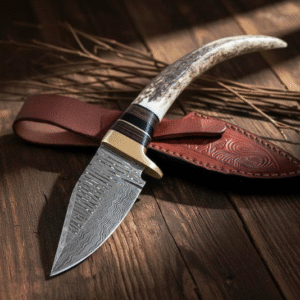 Custom Damascus Steel Skinner Knife | Genuine Stag Antler Handle | Hand Forged Bushcraft Collector Tool