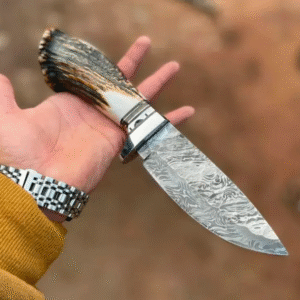 Custom Hand Made Damascus Antler Deer Horn Crown Handle Hunting Knife With Case | Best Gift For Him