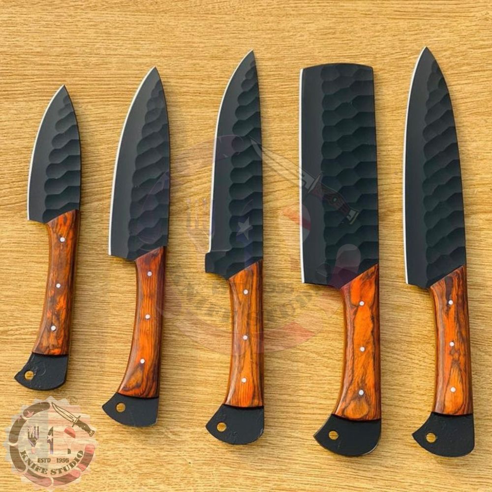 Premium Hand-Forged Chef Knife Set – 5-Piece Carbon Steel Kitchen Knives with Wooden Handles - Image 2