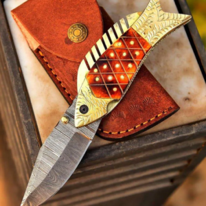 Handmade Damascus Pocket Knife Fish Folding knife Gift for men, Women on Birthday, Wedding Anniversary Gift for Husband