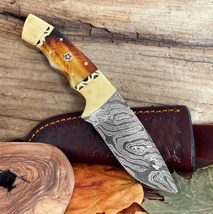 Personalized Damascus Steel Knife , 9" Handmade Fixed Blade Knife With Custom Burnt Camel Bone Handle - Image 2