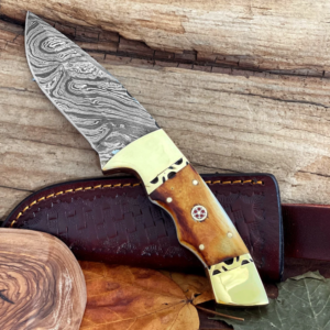 Personalized Damascus Steel Knife , 9" Handmade Fixed Blade Knife With Custom Burnt Camel Bone Handle