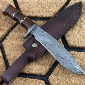 Handmade Damascus Steel Bowie Knife: Walnut Wood Handle, Leather Sheath