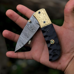 Handmade Damascus Steel Folding Knife: Black Micarta Handle, Leather Sheath