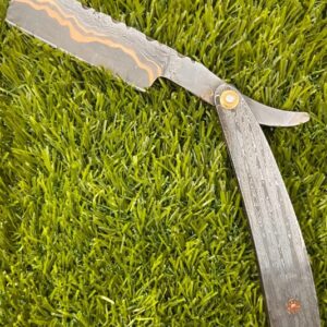 Custom Handmade Copper Damascus Steel Hunting Shaving Razor With Leather Sheath.