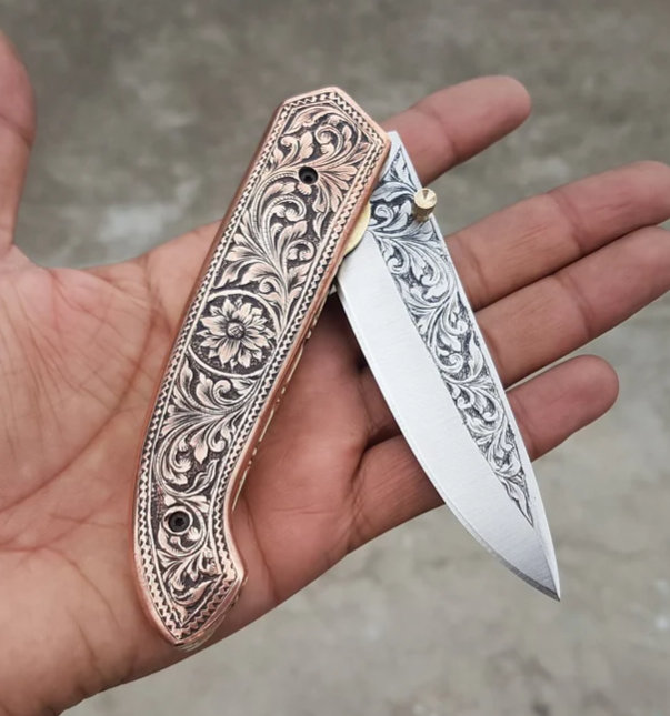 Handmade D2 Steel Folding Knife: Engraved Copper Handle, Leather Sheath & Wood Box