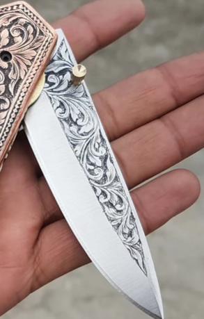 Handmade D2 Steel Folding Knife: Engraved Copper Handle, Leather Sheath & Wood Box - Image 3