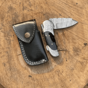 Handmade Damascus Folding Knife: Black Horn Handle, Leather Sheath I WildEdgeBlade