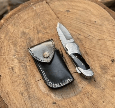 Handmade Damascus Folding Knife: Black Horn Handle, Leather Sheath I WildEdgeBlade - Image 5