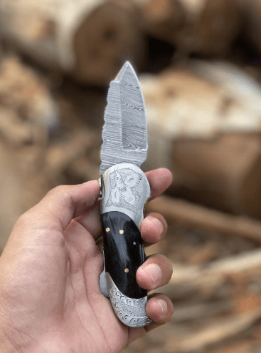 Handmade Damascus Folding Knife: Black Horn Handle, Leather Sheath I WildEdgeBlade - Image 3