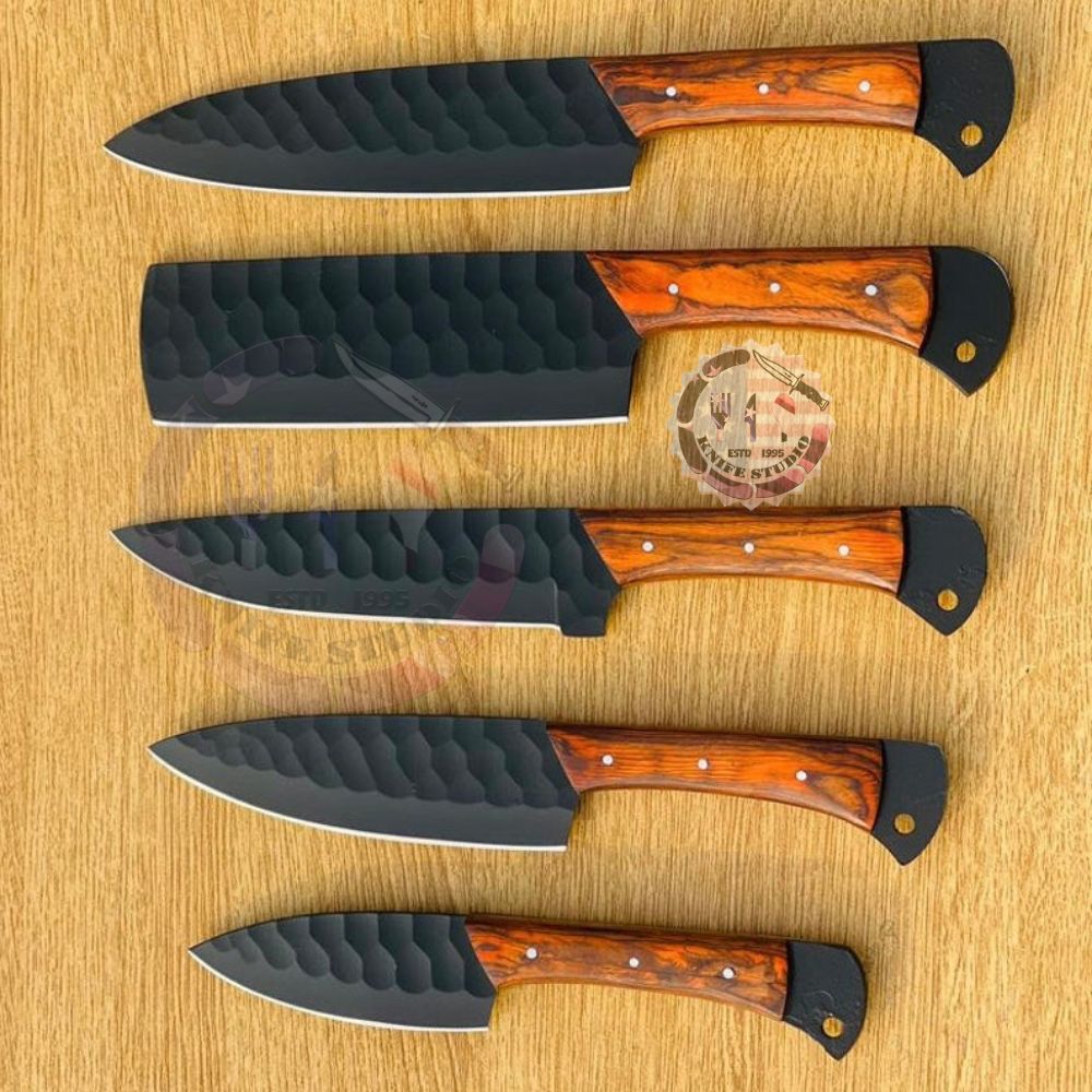 Premium Hand-Forged Chef Knife Set – 5-Piece Carbon Steel Kitchen Knives with Wooden Handles - Image 5