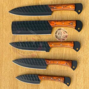Premium Hand-Forged Chef Knife Set – 5-Piece Carbon Steel Kitchen Knives with Wooden Handles