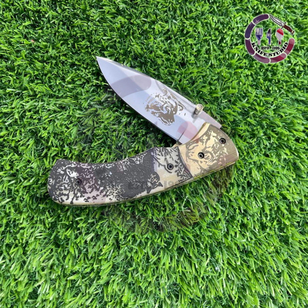 10" Custom Hand-Engraved Bear Motif Folding Knife – Damascus Steel Blade with Textured Camo Handle