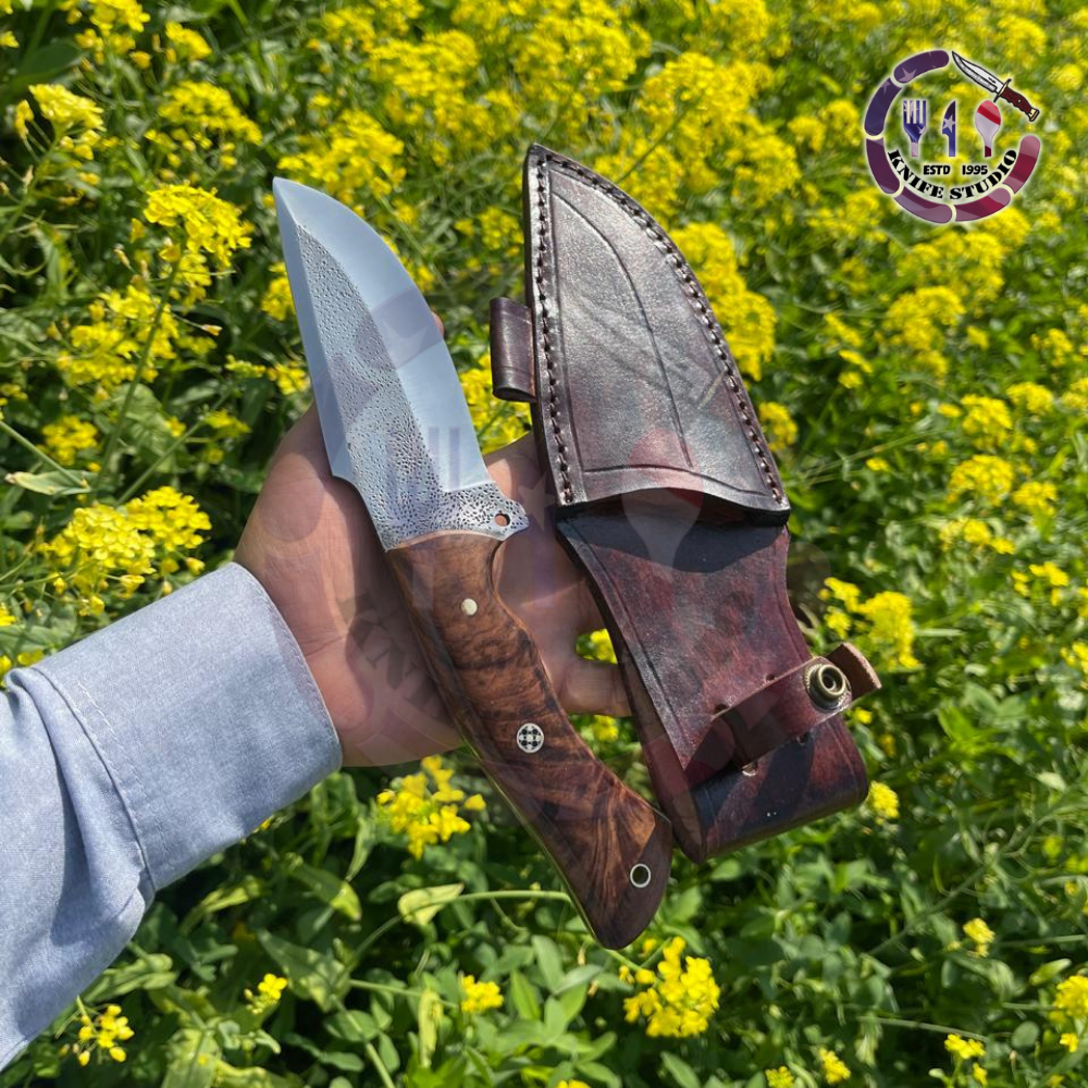 11" Custom Handmade Skinner Knife – Natural Burl Wood Handle with Textured Steel Detail