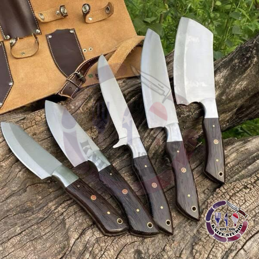 Professional 5-Piece Hand-Forged Kitchen & Cleaver Set - High Carbon Stainless Steel with Dark Wood Handles
