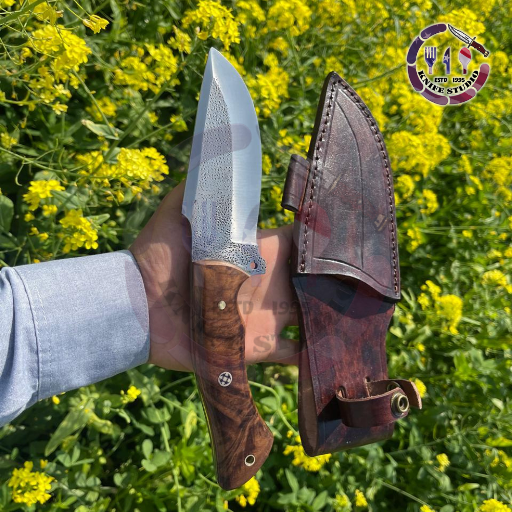 11" Custom Handmade Skinner Knife – Natural Burl Wood Handle with Textured Steel Detail - Image 2