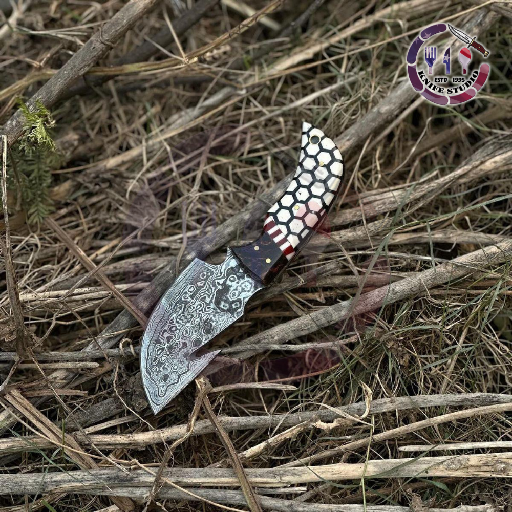 Custom Handmade Damascus Steel Gut Hook Skinner Knife - Honeycomb & Resin Hybrid Handle