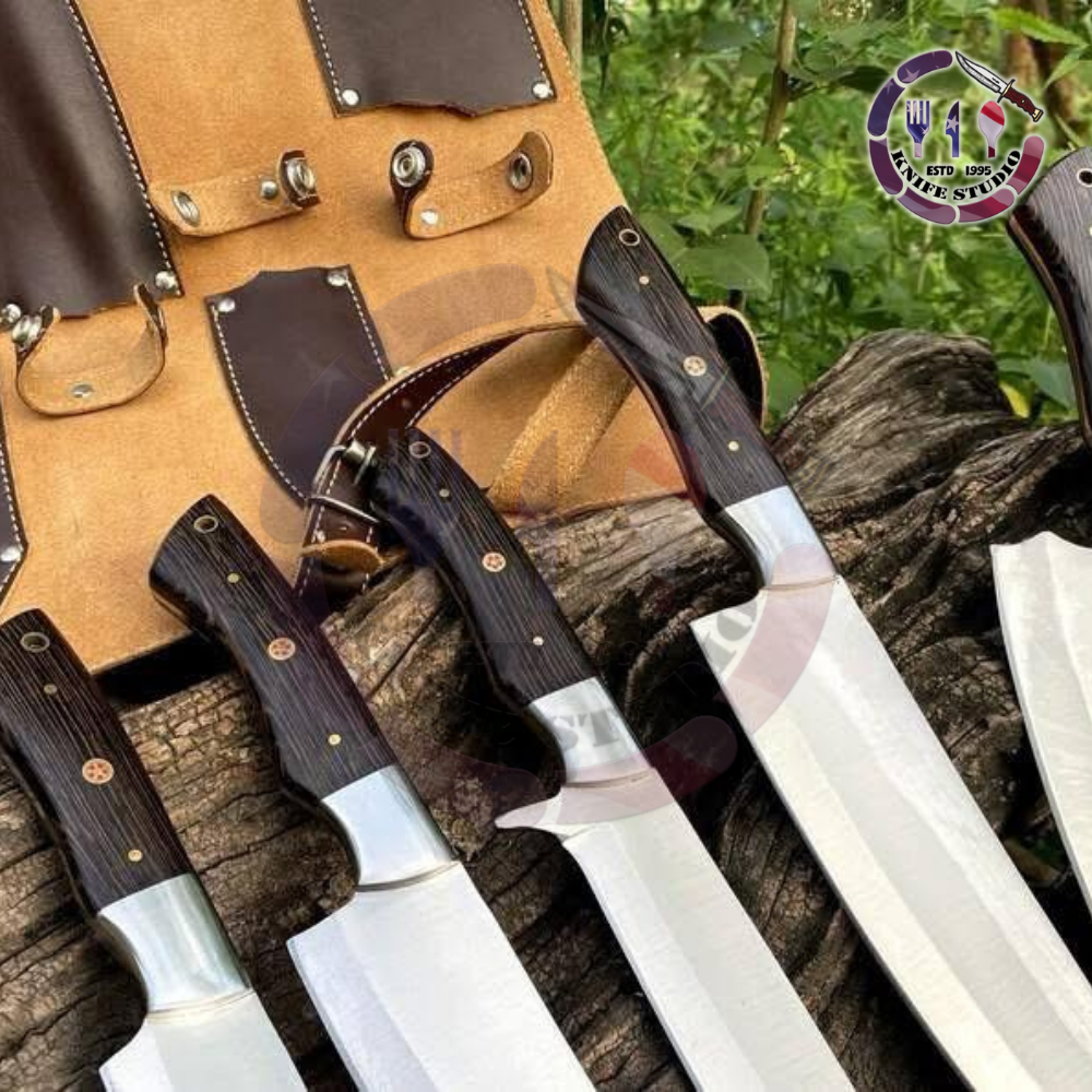 Professional 5-Piece Hand-Forged Kitchen & Cleaver Set - High Carbon Stainless Steel with Dark Wood Handles - Image 3