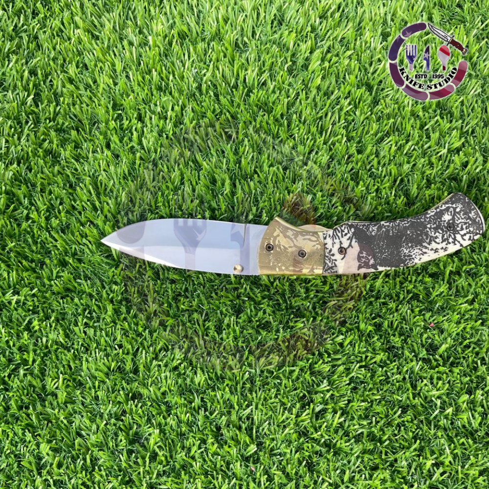 10" Custom Hand-Engraved Bear Motif Folding Knife – Damascus Steel Blade with Textured Camo Handle - Image 4