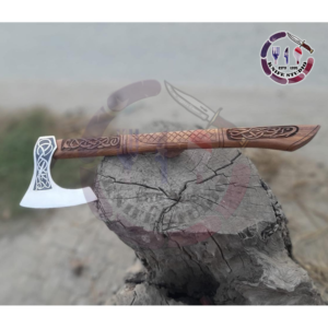 18" Hand-Forged Viking Bearded Axe – Engraved Carbon Steel with Intricately Carved Ash Wood Handle