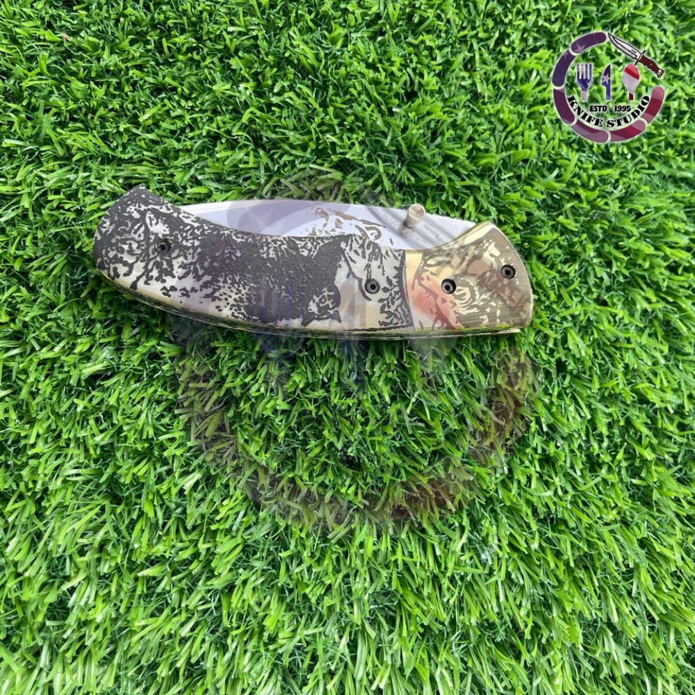 10" Custom Hand-Engraved Bear Motif Folding Knife – Damascus Steel Blade with Textured Camo Handle - Image 5