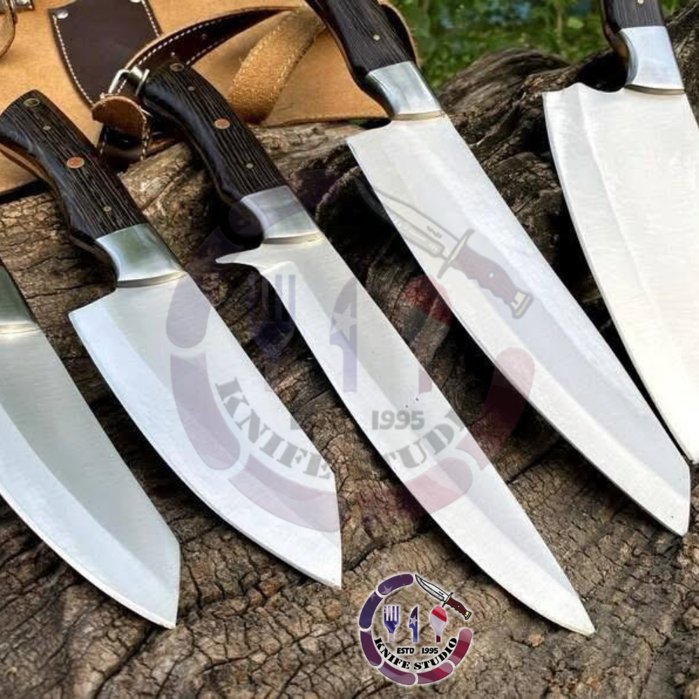 Professional 5-Piece Hand-Forged Kitchen & Cleaver Set - High Carbon Stainless Steel with Dark Wood Handles - Image 4