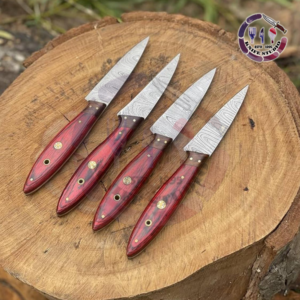 Set of 4 Custom Handmade Damascus Steel Steak Knives - Red & Black Grain Wood Handles