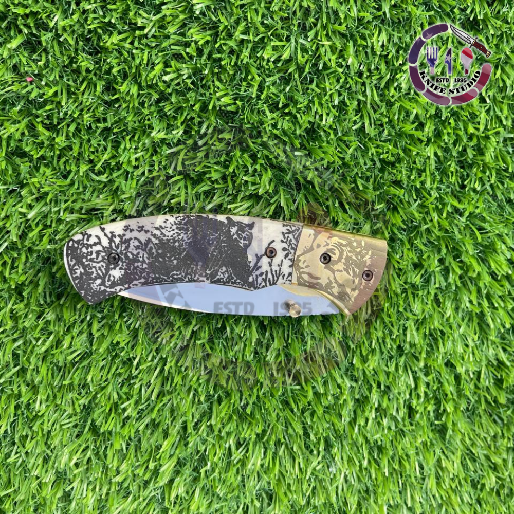 10" Custom Hand-Engraved Bear Motif Folding Knife – Damascus Steel Blade with Textured Camo Handle - Image 6