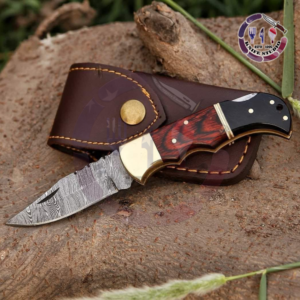 9" Custom Hand-Forged Damascus Steel Folding Knife – Fish-Shaped Brass Handle with Colorful Resin Inlays