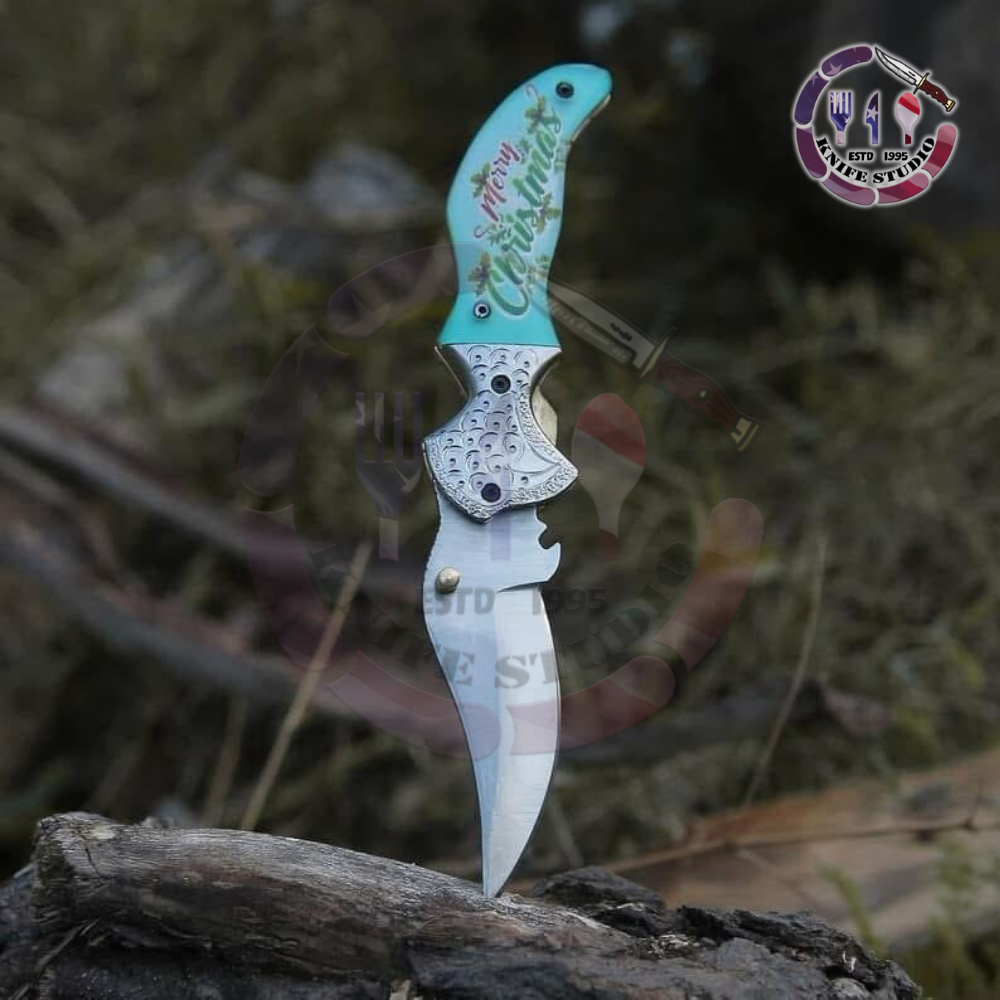 10" Custom Hand-Engraved "Merry Christmas" Folding Knife – High Carbon Steel Blade with Festive Art Handle