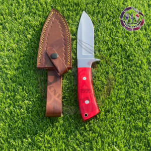 10" Custom Hand-Forged Hunting Knife – Vibrant Red Wood Handle with Premium Leather Sheath
