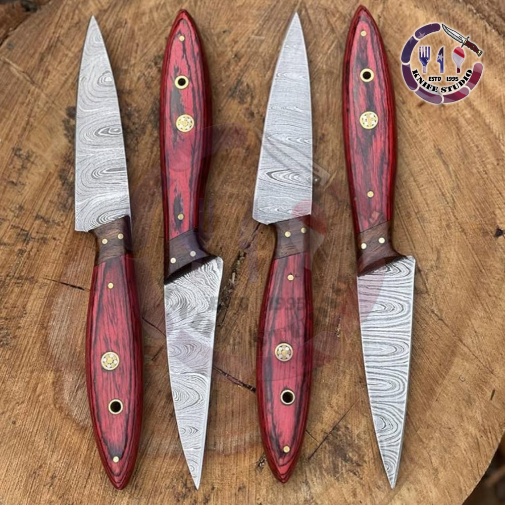 Set of 4 Custom Handmade Damascus Steel Steak Knives - Red & Black Grain Wood Handles - Image 3