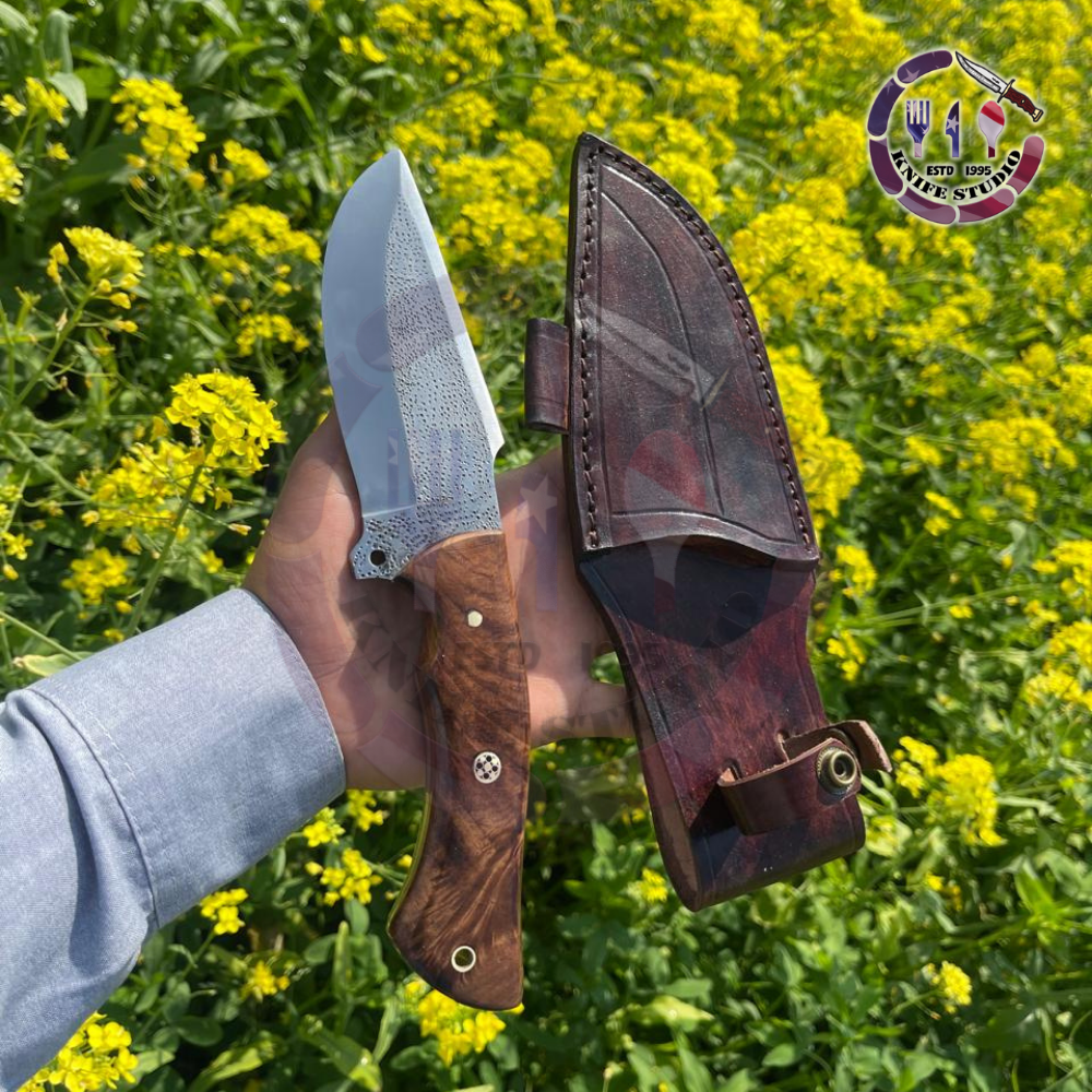 11" Custom Handmade Skinner Knife – Natural Burl Wood Handle with Textured Steel Detail - Image 3